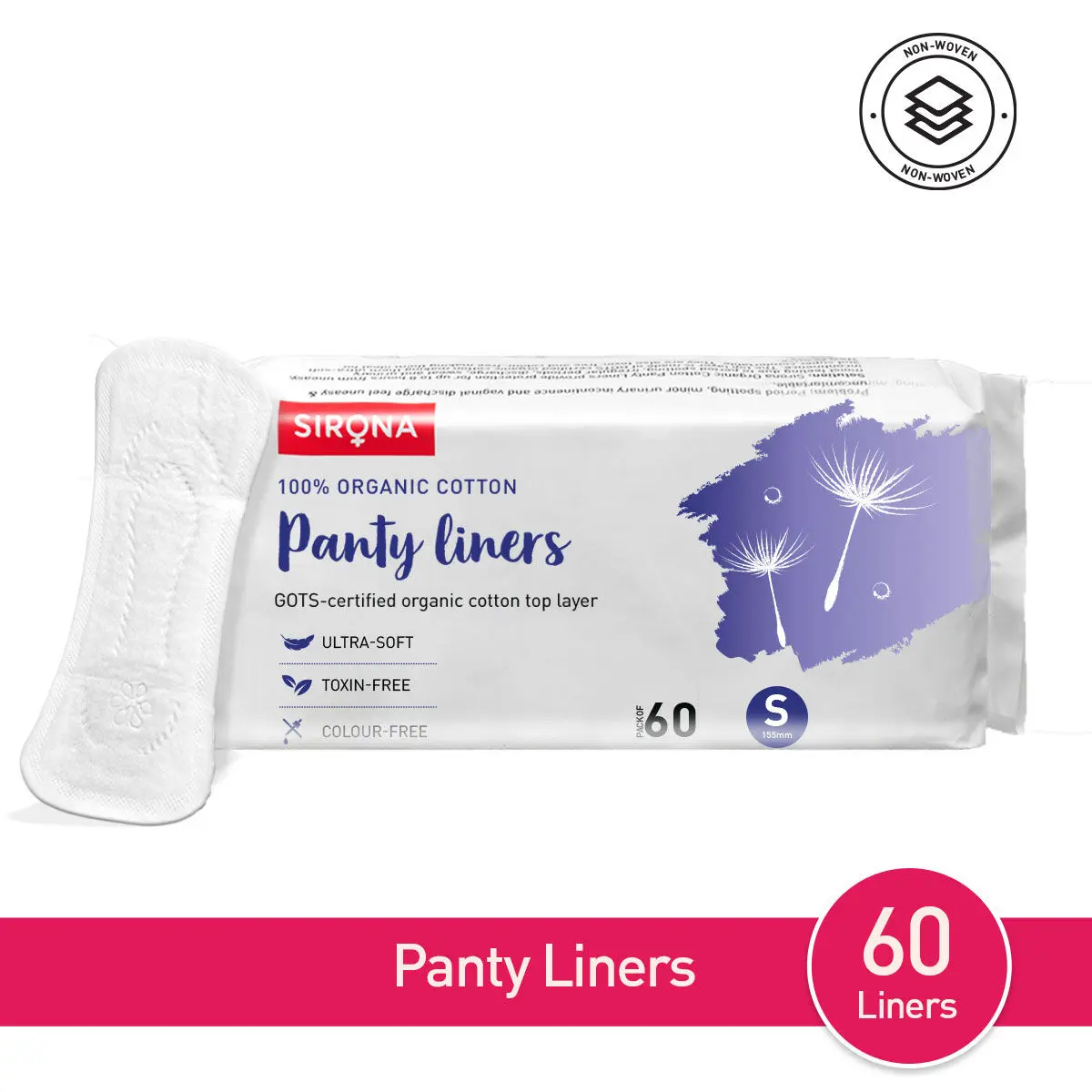 SIRONA Ultra- Organic Cotton Panty Liners (Regular Flow) – 60 Counts - Small