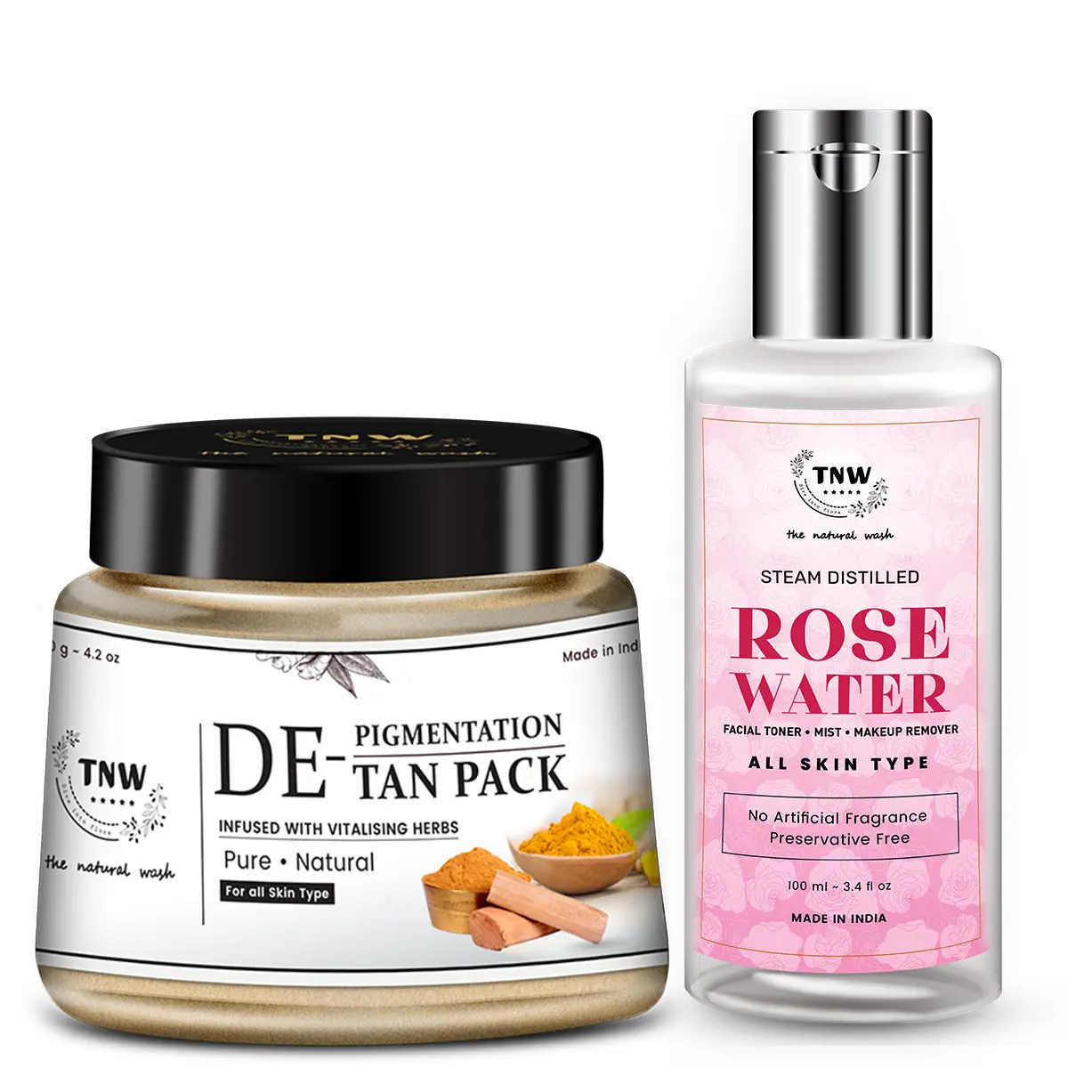 TNW - The Natural Wash SKINFIX -Tan Pack and Steam istilled Rose Water Combo for Tan-free Glowing Skin (All Natural, Alcohol-free)