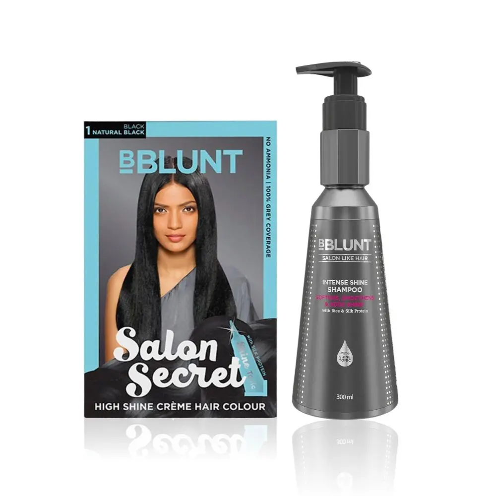 BBLUNT Salon Secret High Shine Creme Hair Colour Natural Black 1 (100 g) With Shine Tonic (8 ml)+BBLUNT Intense Shine Shampoo with Rice & Silk Protein for 23X* Shinier Hair - 300 ml