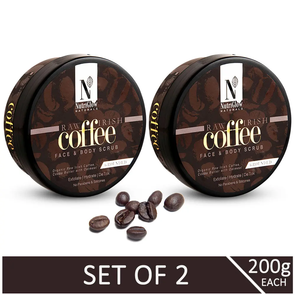 NutriGlow NATURAL'S Set of 2 Raw Irish Coffee Face & Body Scrub With Cocoa Butter and Oatmeal, 200gm each