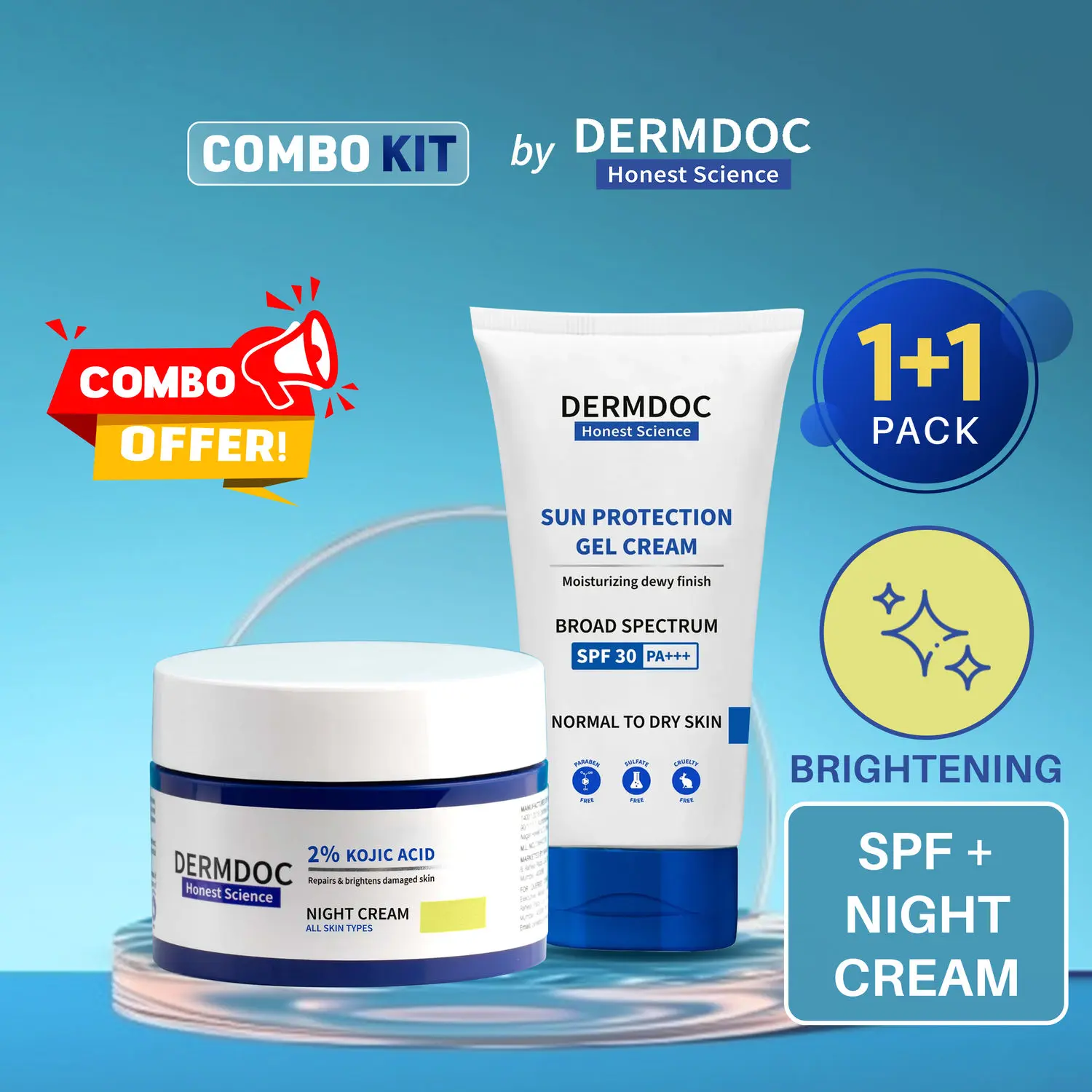 DERMDOC Combo Kit Glow & Protect Combo | kojic acid night cream | dewy sunscreen spf 30 pa+++ | cream for dark spots, dullness | detan | sunscreen for dry skin