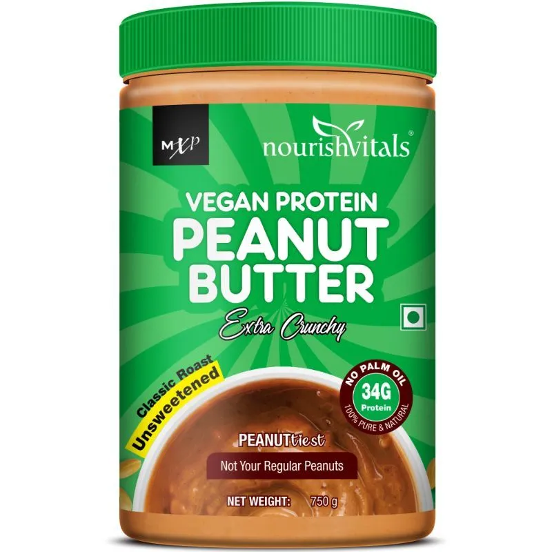 Nourish Vitals Vegan High Protein Peanut Butter (extra Crunchy), 34g Protein, Classic Roast