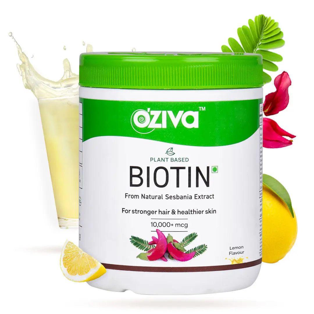 OZiva Plant Based Biotin 10000+ mcg (with Natural Sesbania Agati Extract, Bamboo Shoot, Amla, Pomegranate), For Stronger Hair & Healthier Skin, ( Biotin Lemon, 125g )