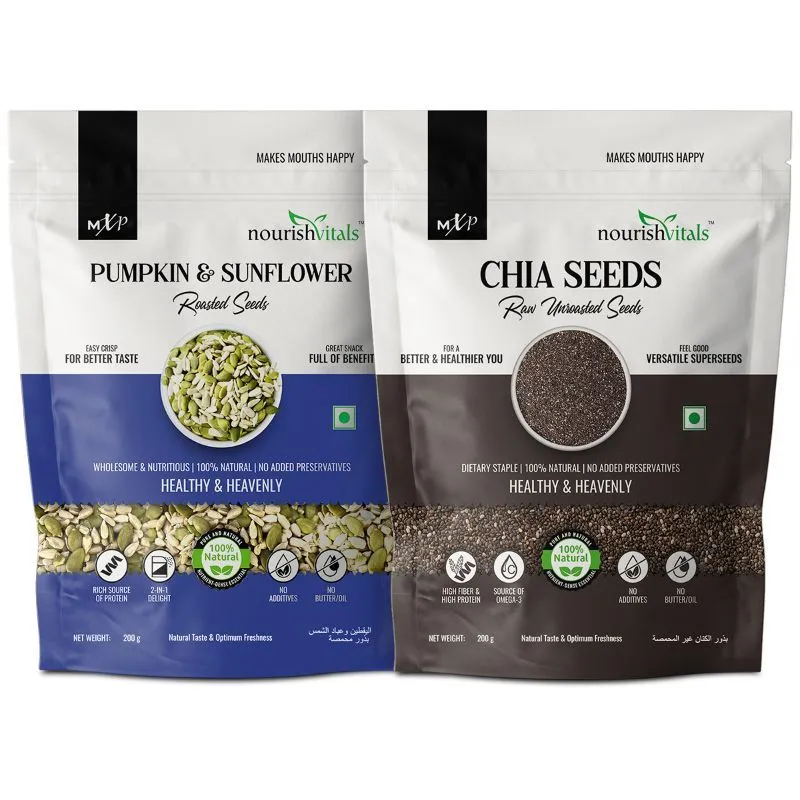 NourishVitals Combo, Pumpkin and Sunflower Roasted Seeds + Chia Raw Unroasted Seeds