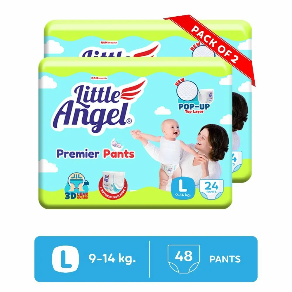 Little Angel Premier Pants Baby Diapers, Large (L) Size, 48 Count, Combo Pack of 2, 24 Count/pack with Wetness Indicator, 9-14 Kg