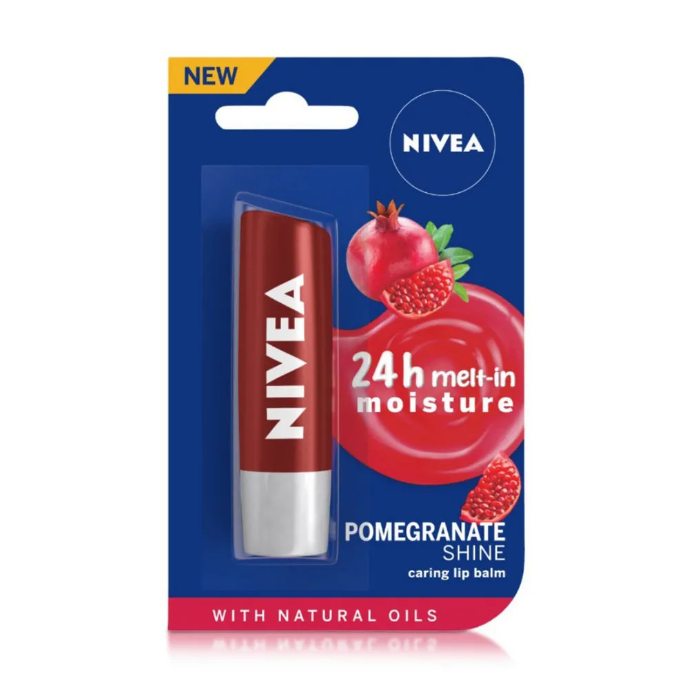 NIVEA Lip Balm, Pomegranate Shine, 24h Moisture with Natural Oils, Red Shine & Pomegrenate Aroma