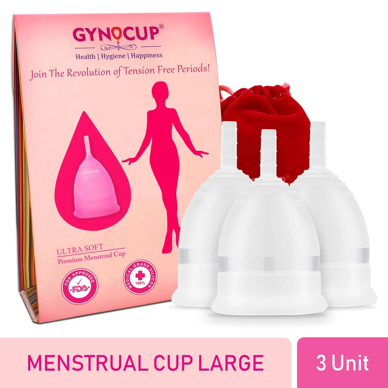 GynoCup Premium Menstrual Cup For Women, Fda Approved Transparent Large Size Pack Of 3 (Combo)