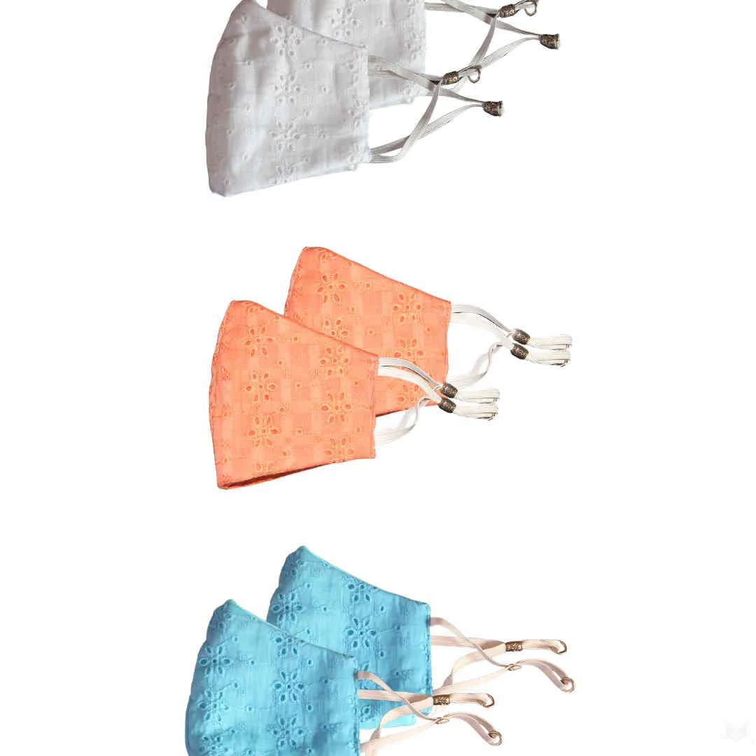 Bellofox White Chikan,Peach Chikan And Aqua Chikan Face Mask (Set Of 6)