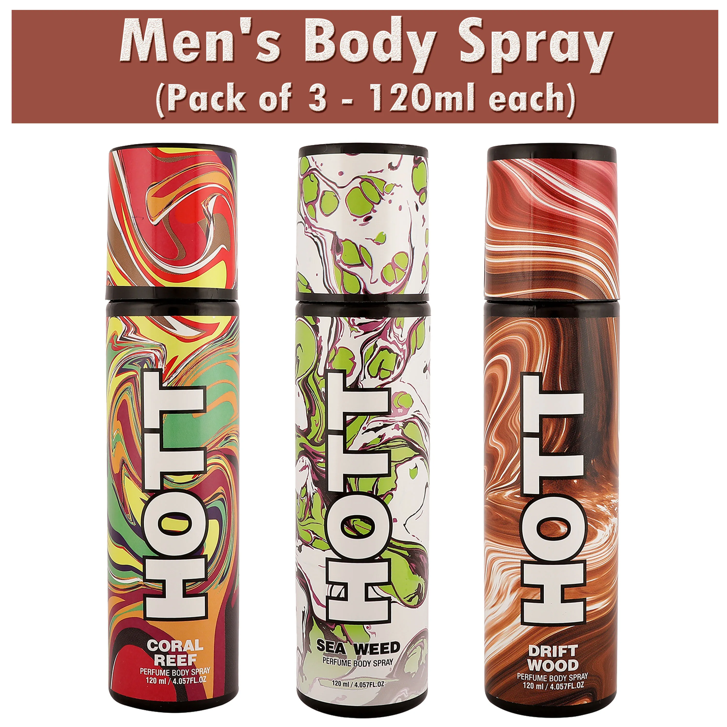 HOTT Drift Wood, Sea Weed, Coral Reef Perfume Body Spray For Men (Pack Of 3)