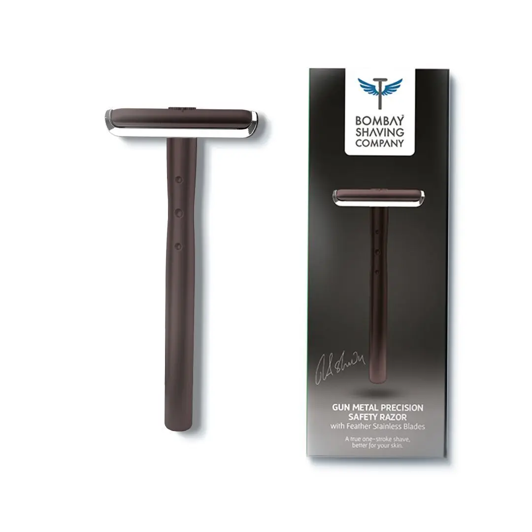 Bombay Shaving Company Precision Safety Razor + 5 Platinum Coated Feather Blades Combo for Men | Anti Slip Grip | Eliminates Nicks & Cuts, Gun Metal