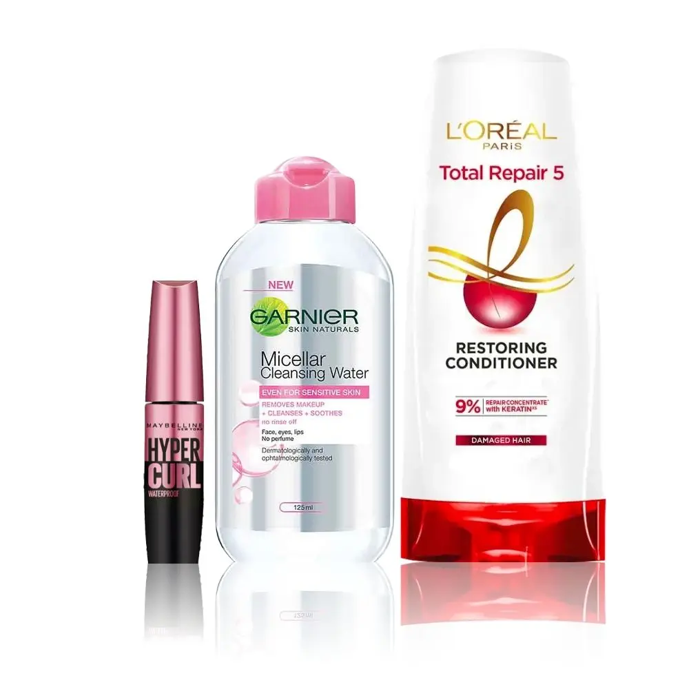 Maybelline x Garnier x L'Oreal Paris bestseller combo (Maybelline hypercurl mascara, black (9.2g), Garnier Micellar water (125 ml), L'Oreal Paris Total Repair 5 Conditioner (180 ml)