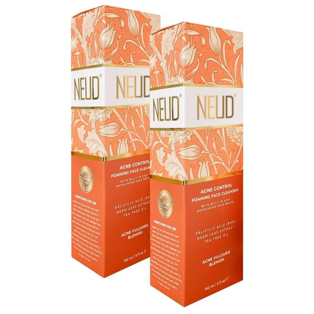 NEUD Acne Control Foaming Face Cleanser With Salicylic Acid, Neem and Tea Tree Oil - 2 Packs (150ml Each)