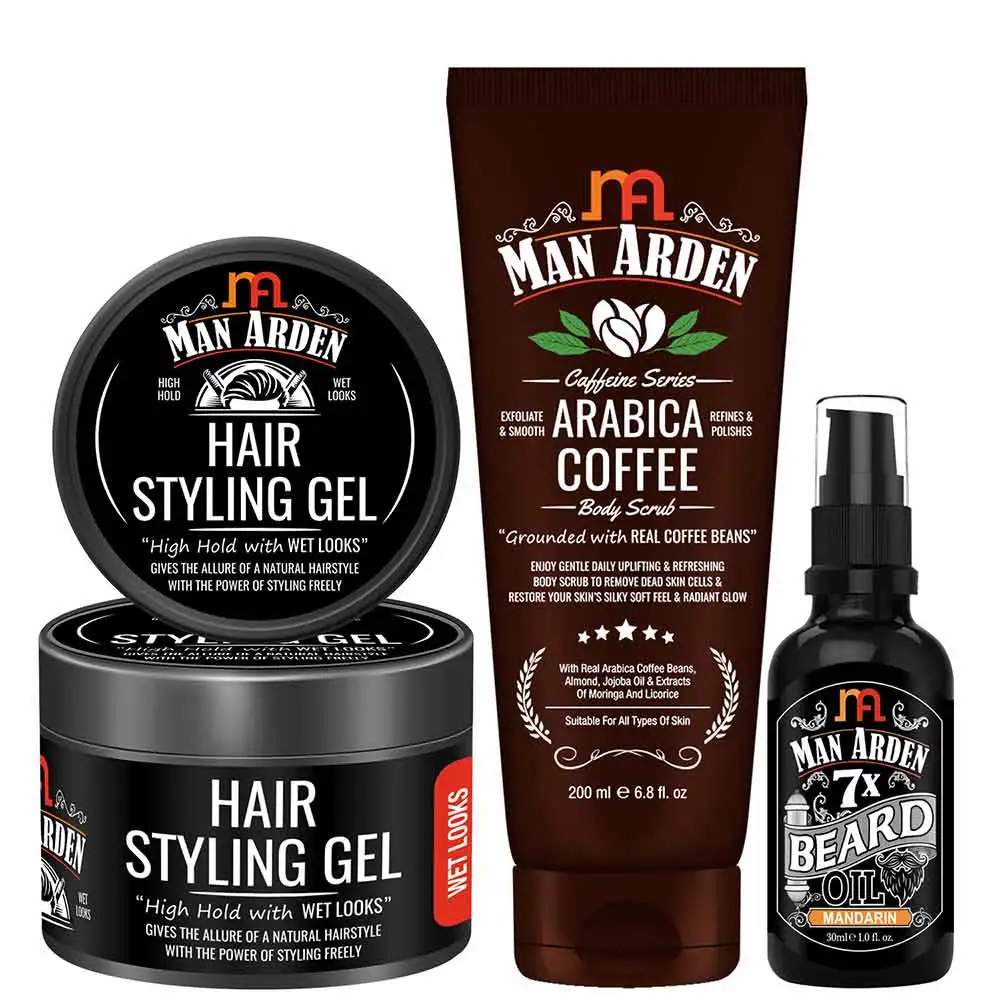 Man Arden Hair Styling Gel, Coffee Body Scrub & Beard Oil Combo,  3 Piece(s)/Pack  Hair & Skin Care