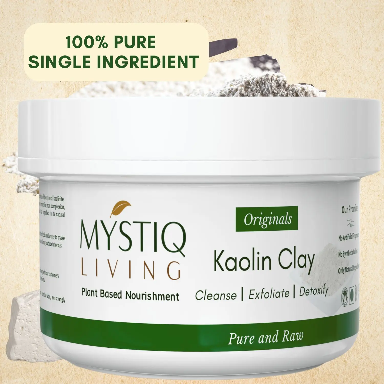 Mystiq Living Originals - Pure Organic Natural Kaolin Clay Powder | Chinni Mitti | Ideal For Face & Hair Pack - 175 GM