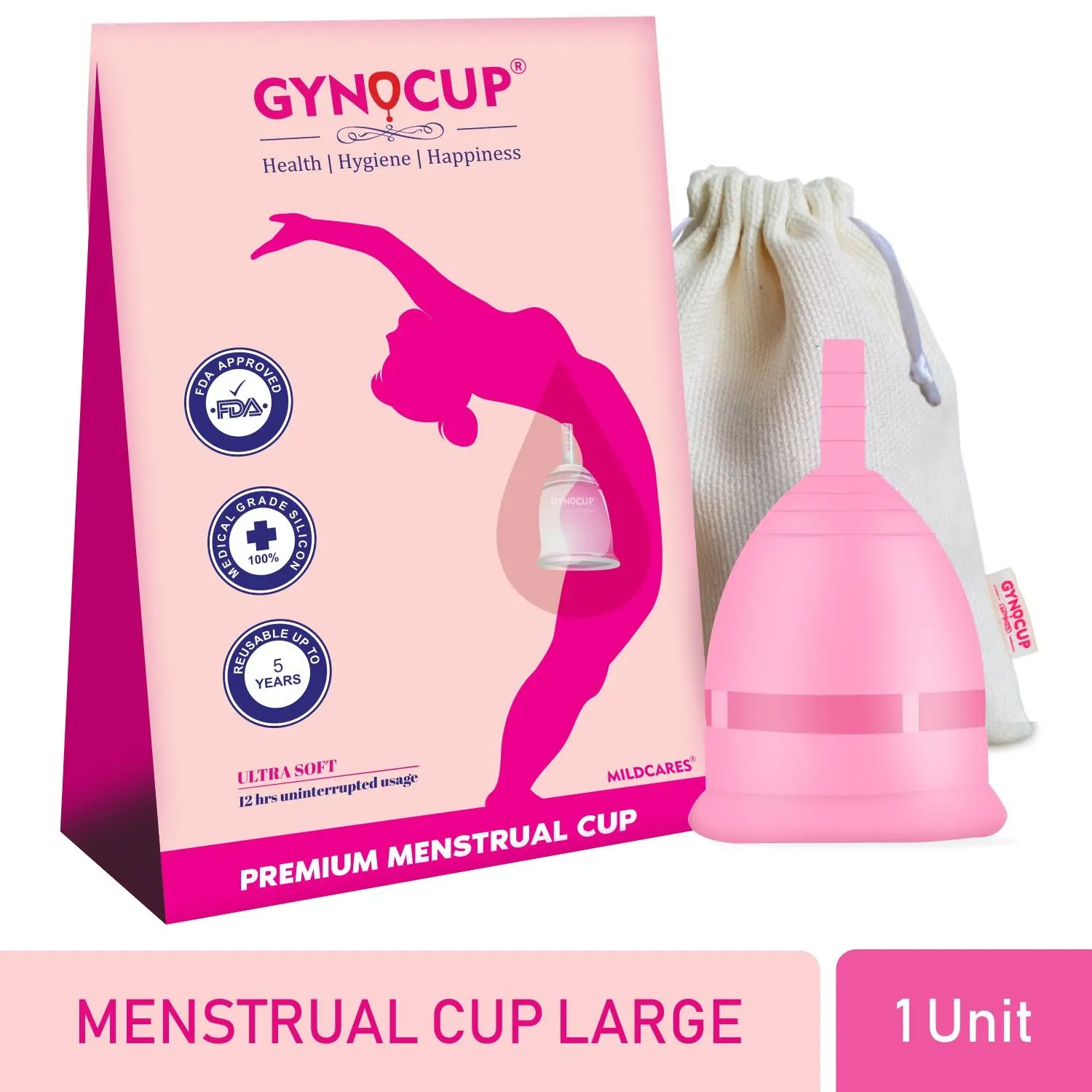 GynoCup Reusable Menstrual Cup for Women| | Large Size with Pouch | 100% Medical Grade Silicone | Wearable Upto 12 hours | No leakage | Ultra Soft, Odour & Rash free | FDA Approved