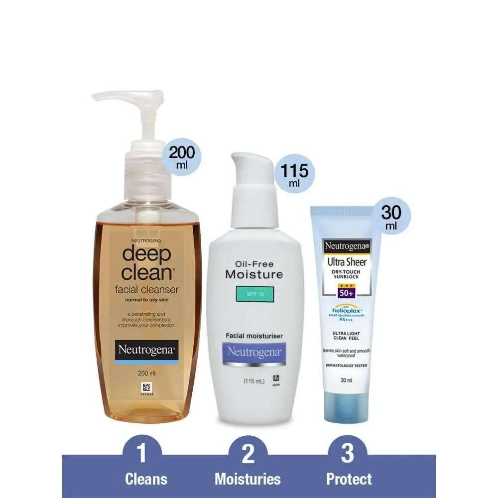 Neutrogena Ultra Sheer Spf 50 Cream - 30 ml & Neutrogena Deep Clean Facial Cleanser - 200 ml & Neutrogena Oil-Free Moisturiser SPF 15 (115ml)