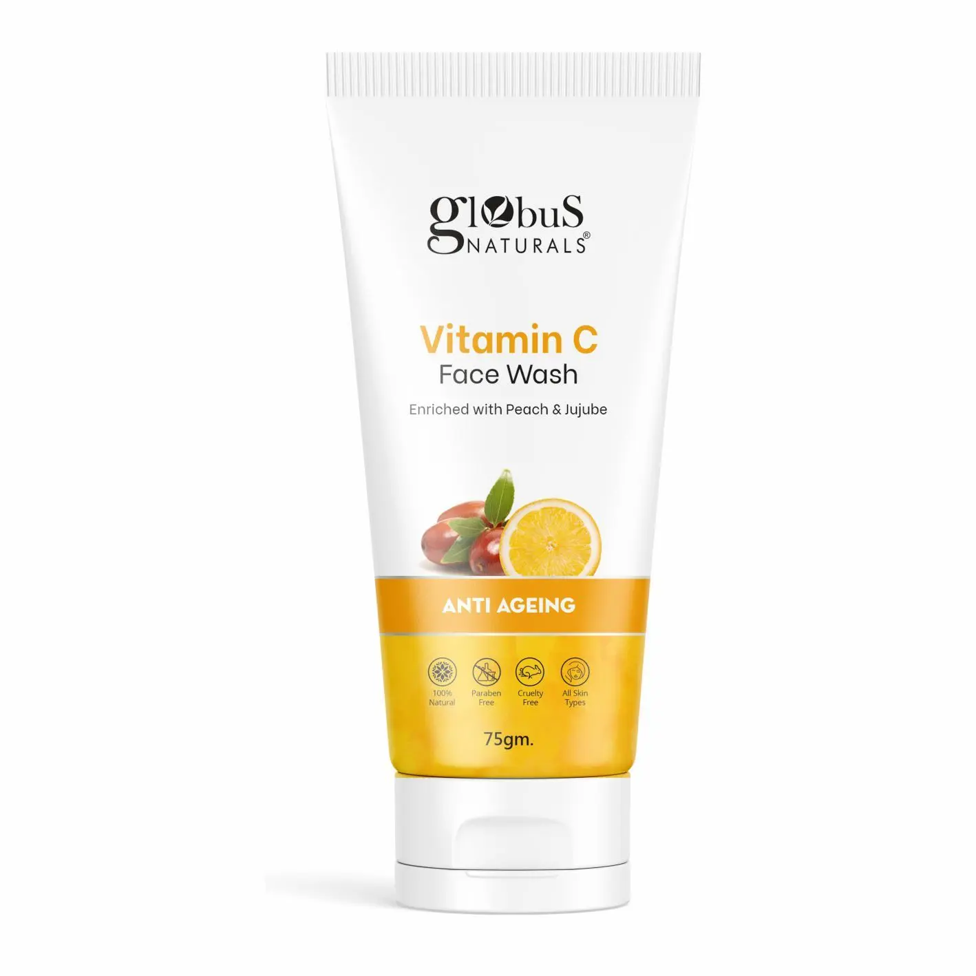 Globus Naturals Anti-Ageing Skin Brightening Vitamin C Face Wash, Enriched with Peach & Jujube, Skin Illuminating & Tan Removal Formula, For All Skin Types, Both Men & Women (75 g)