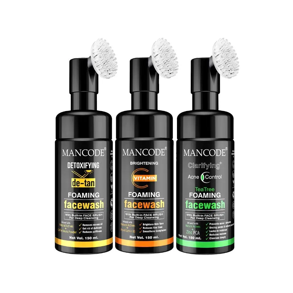 Mancode Detoxifying De Tan , Vitamin C & Acne Control Tea Tree Foaming Facewash (With Bult-in Brush),150ml Each (pack of 3)