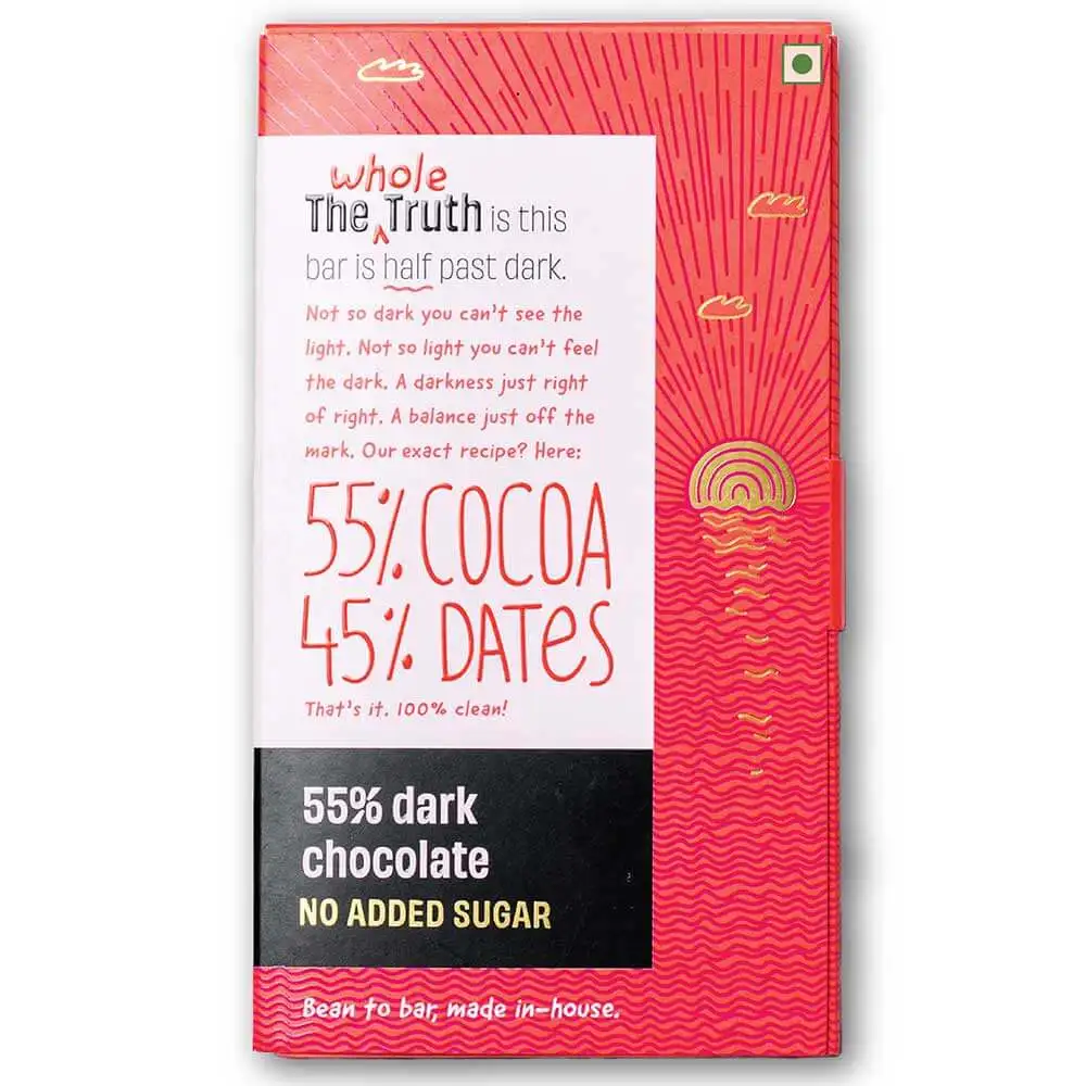 The Whole Truth 55% Dark Chocolate,  2 Piece(s)/Pack  55% Cocoa & 45% Dates (No Added Sugar)