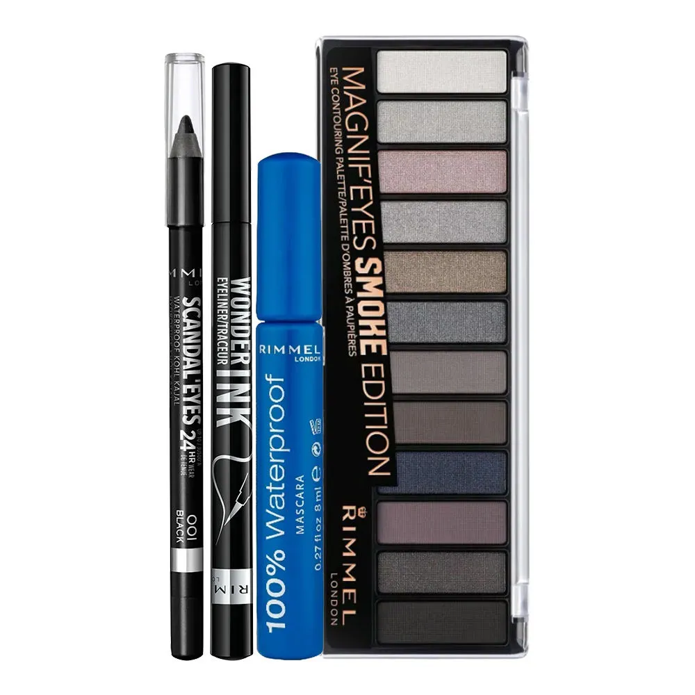 Rimmel London Combo Kohl Kajal- Black, Eyeliner, Waterproof Mascara & Eye Shadow Palette- Smoke