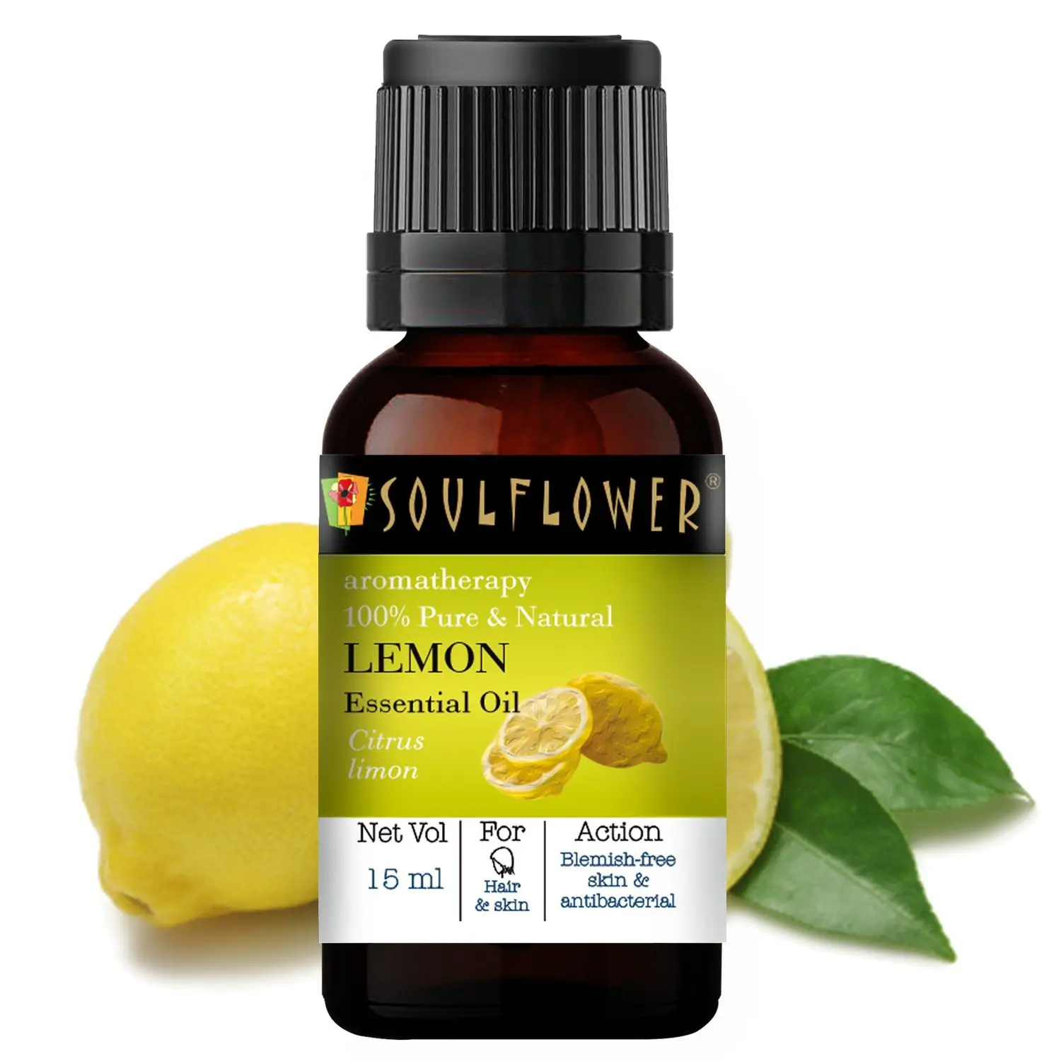 Soulflower Lemon Essential Oil, For Oily & Combination Skin & Hair Type, 100% Pure & Natural, Therapeutic Grade Aromatherapy, Citrus, 15ml