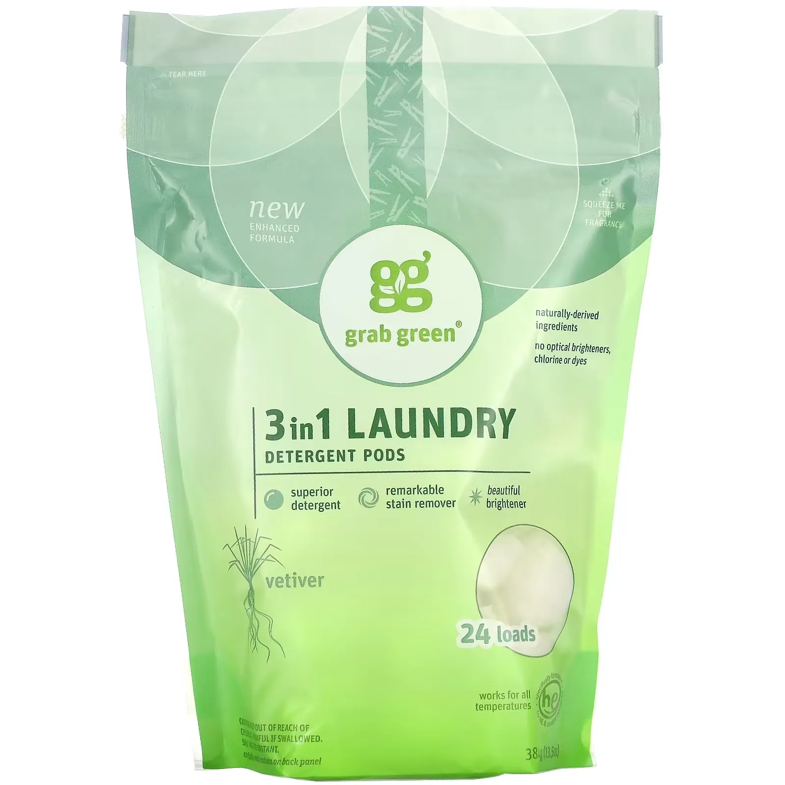 3 in 1 Laundry Detergent Pods, Vetiver, 24 Loads, 13.5 oz (384 g)