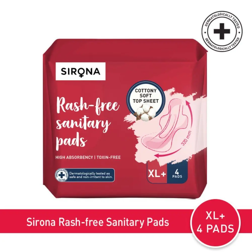 Sirona Cottony Soft Rash Free Sanitary Pads for Women - Pack of 4 (XL+ Size) | Ultra Soft & Breathable Top Layer | Highly Absorbent Core with Wide Coverage for Leakage Protection