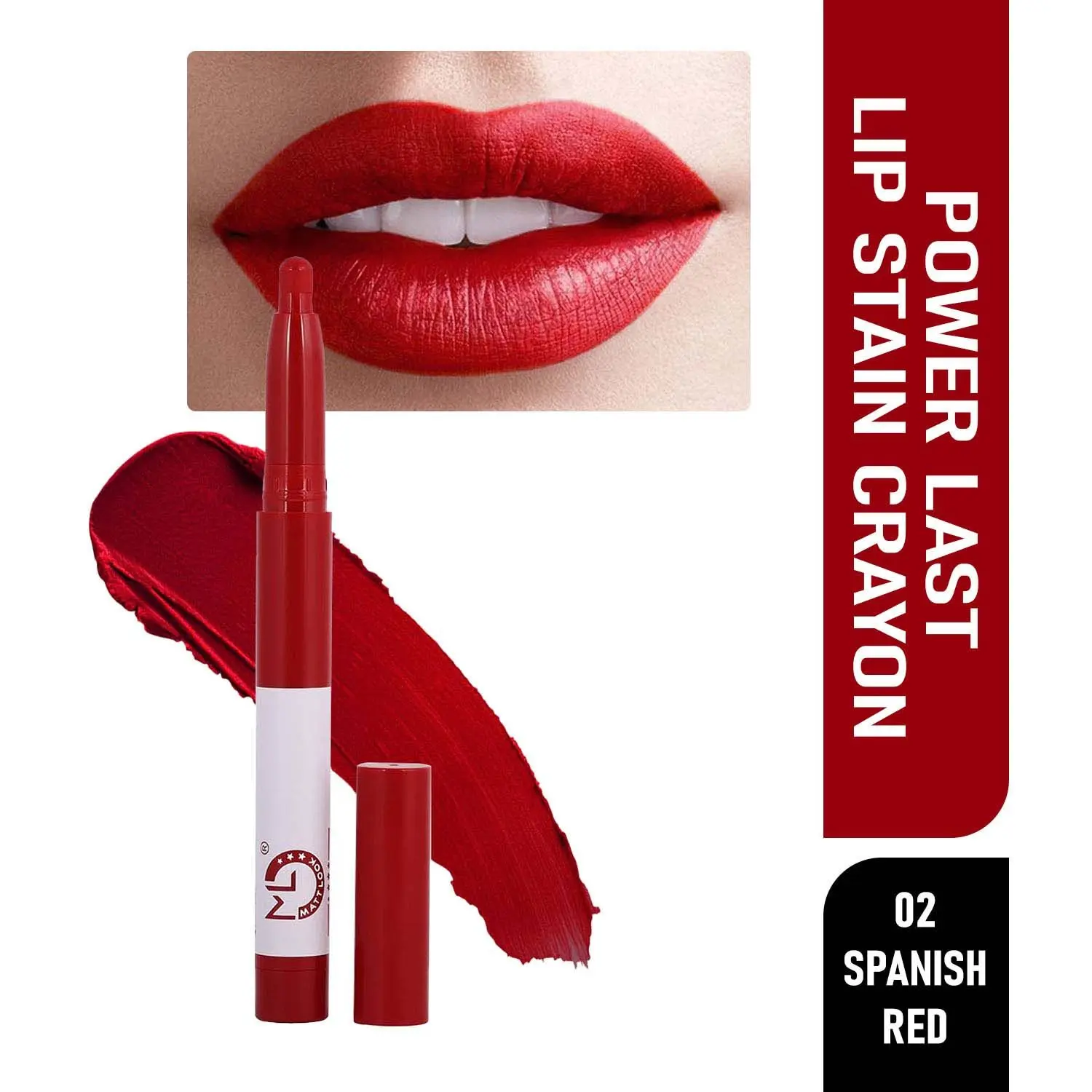 Matt look Power Last Lip Stain Crayon Lipstick, Rich Colour, Non Transfer, Mask Proof & Luxurious Creamy Matte, Spanish Red (1.3g)