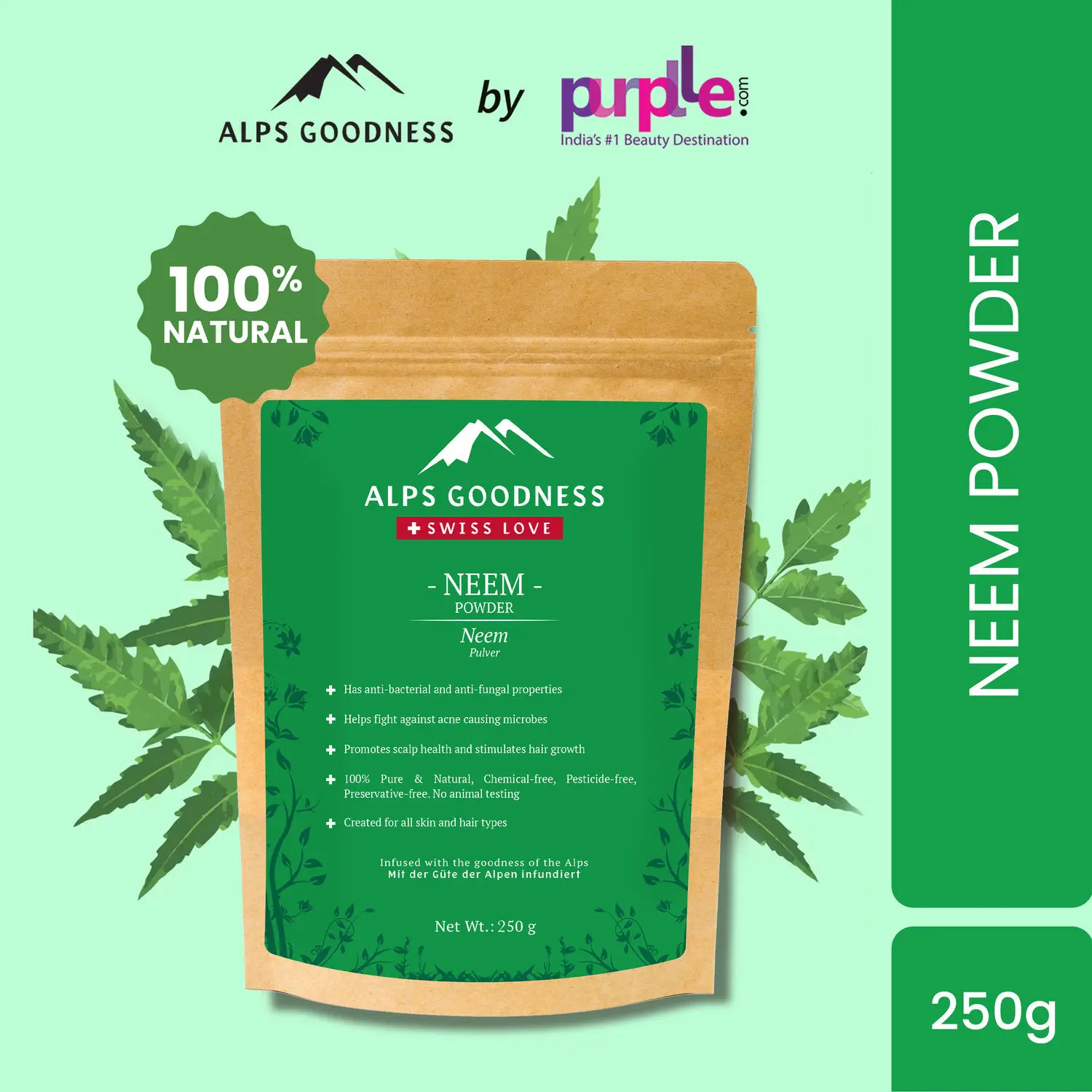 Alps Goodness Powder - Neem (250 g) | 100% Natural Powder | No Chemicals, No Preservatives, No Pesticides | Face Mask for Acne | Acne Treatment | Dandruff Treatment