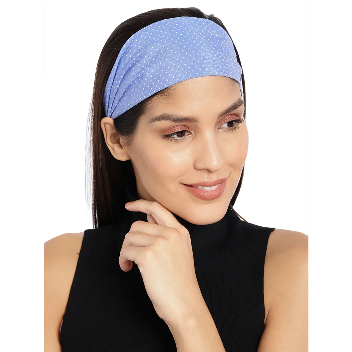 Toniq Women Polka Denim Blue Printed Elasticated Hairband For Women