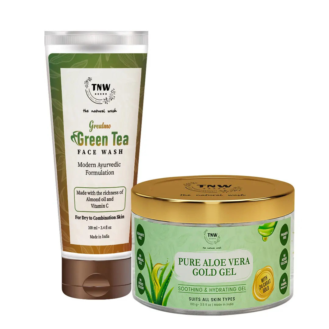 TNW-THE NATURAL WASH Grealmo Face Wash and Pure Aloe Vera Gold Gel with 24 Carat Gold Leaves for Glowing & Radiant Skin From Freshly Cut Aloe Plant (Green Tea Face Wash & Aloe Vera Gel Combo)