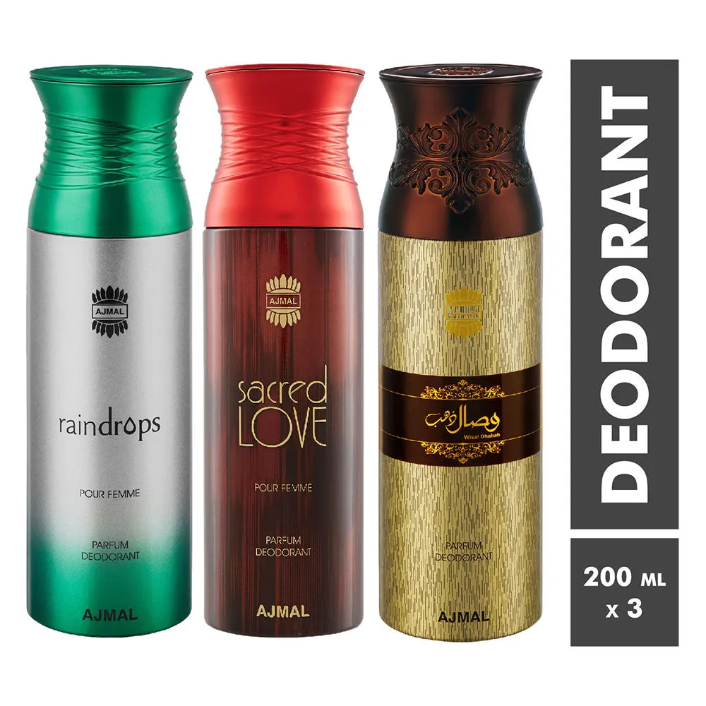 Ajmal Raindrops, Sacred Love & Wisal Dhahab Parfum Deodorant For Men & Women-Pack Of 3