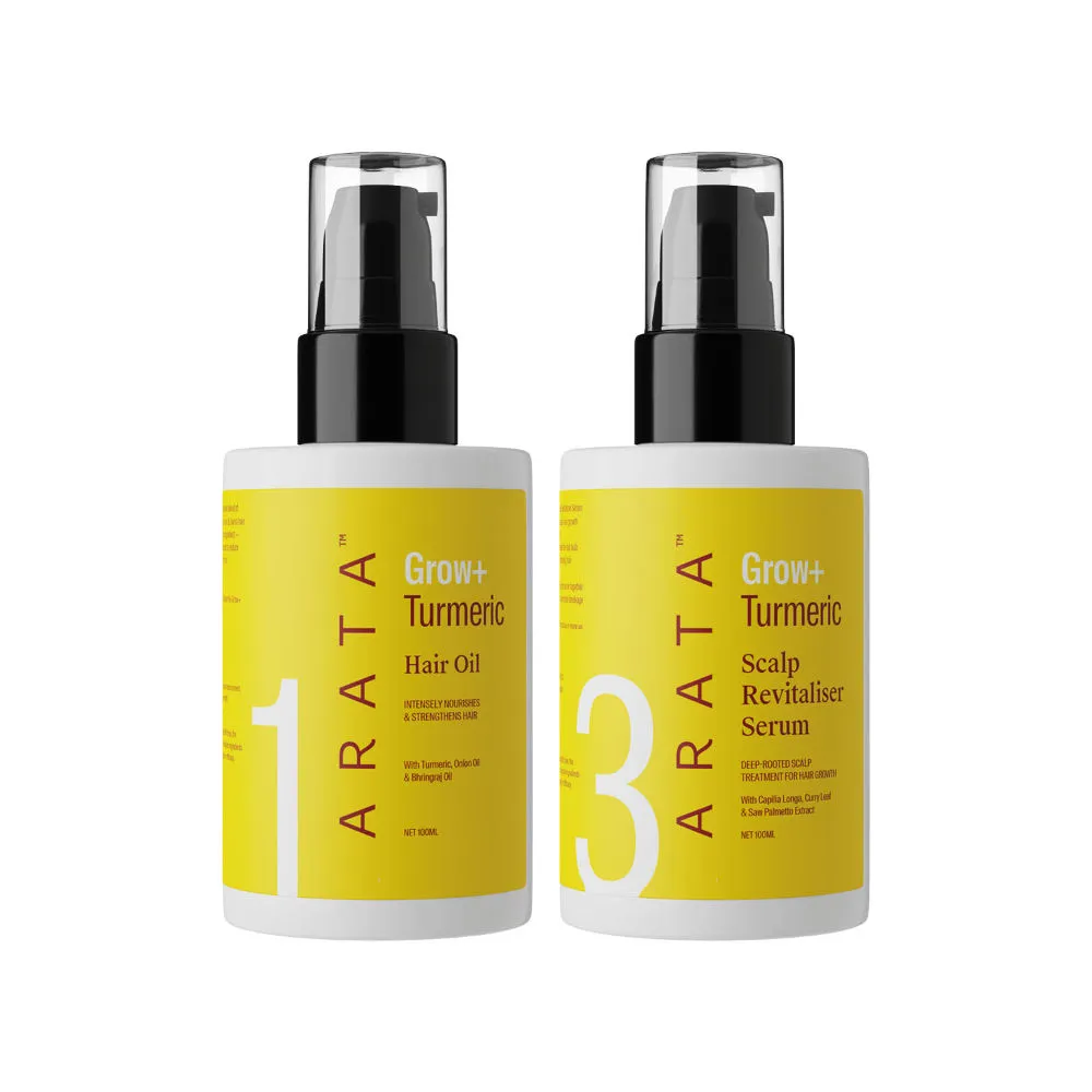 Arata Grow + Turmeric Range with Scalp Scrub and Scalp Revitaliser Serum