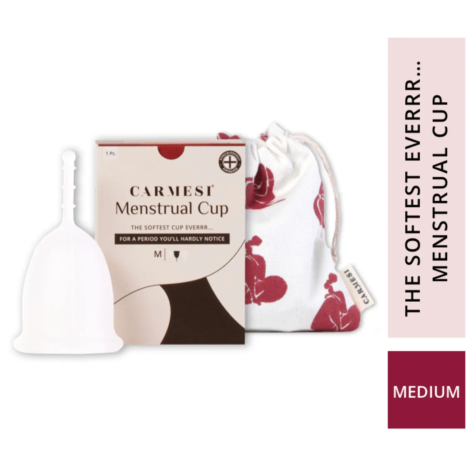 Carmesi Reusable Menstrual Cup for Women - Medium Size - Softest Cup Everrr - Made in Europe - FDA & Gynecologist Approved - Rash-Free - With Free Pouch, White