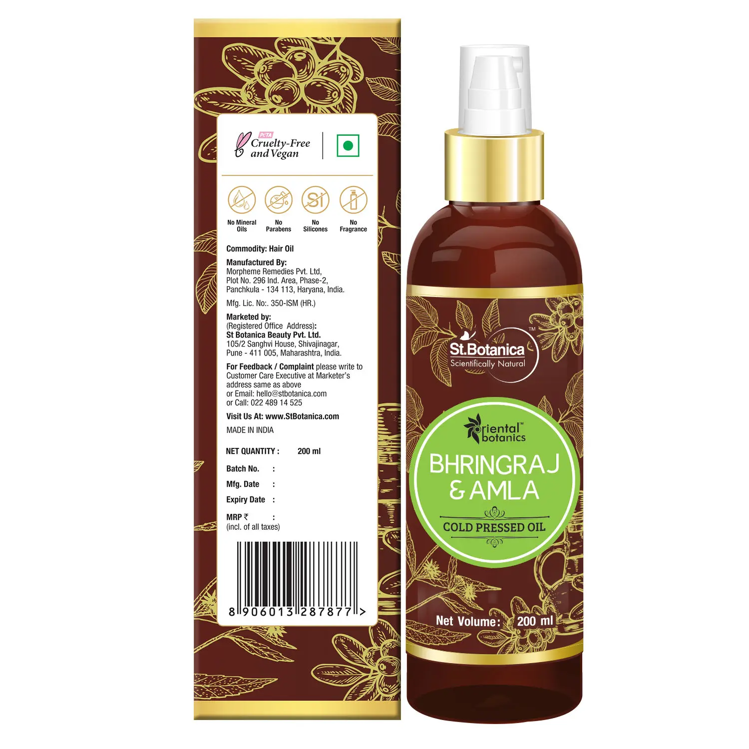 Oriental Botanics Bhringraj & Amla Oil For Hair - 200ml (No Mineral Oil, Silicon or Paraben)