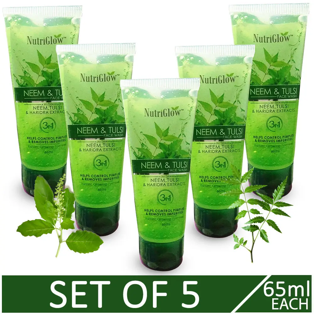 NutriGlow Set of 5 Neem & Tulsi Face Wash/ With Neem, Tulsi & Haridra Extracts/ Helps Control Pimples & Removes Impurities (65ml each)