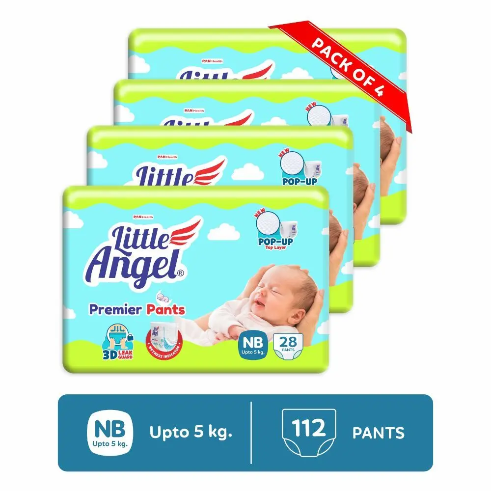 Little Angel Premier Pants Baby Diapers, New Born (NB) Size, 112 Count, Combo Pack of 4, 28 Count/Pack with Wetness Indicator, up to 5 Kg