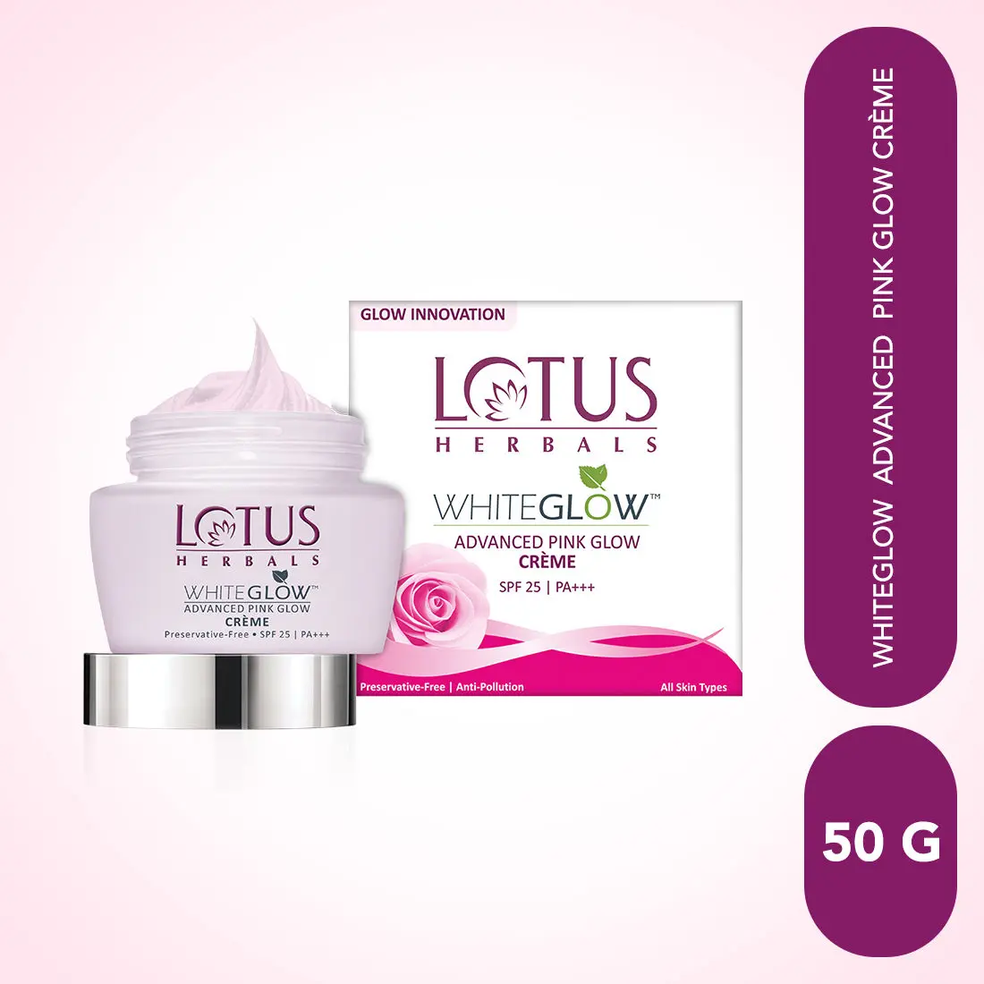 Lotus Herbals Whiteglow Advanced Pink Glow Brightening Cream | SPF 25 | PA+++ | For Dark Spots | Anti-Pollution | For All Skin Types | Preservative Free | 50g