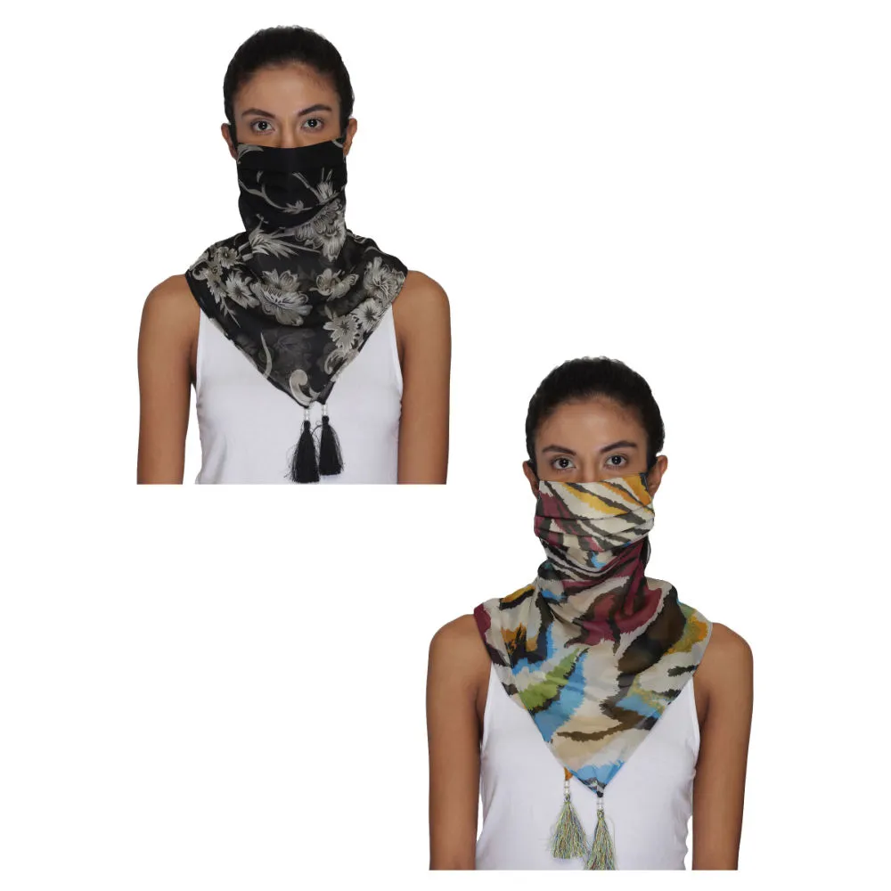 Anekaant Pack Of 2 Multicolor 3-Ply Reusable Poly Chiffon Printed Tesselled Scarf Style Fashion Mask