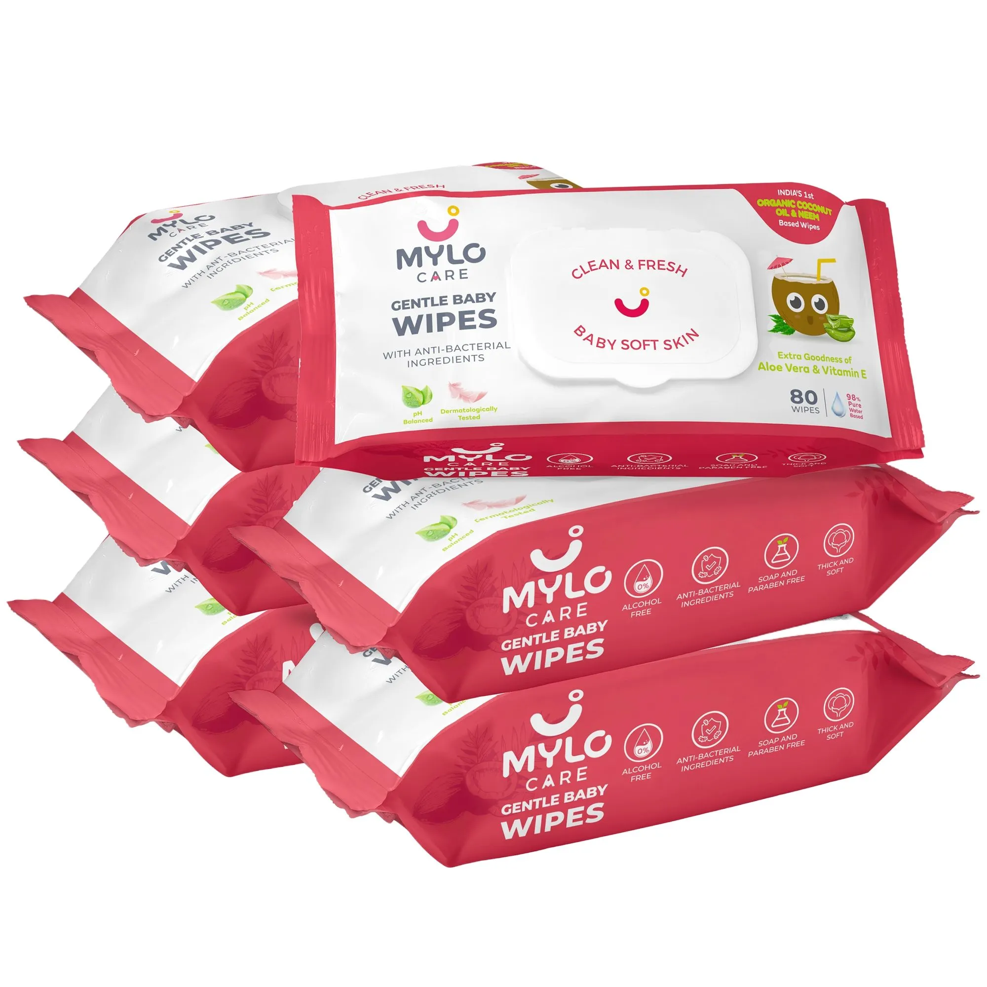 Mylo Care Gentle Baby wipes with 98% Pure Water, Coconut Oil & Neem With Lid - Pack of 6