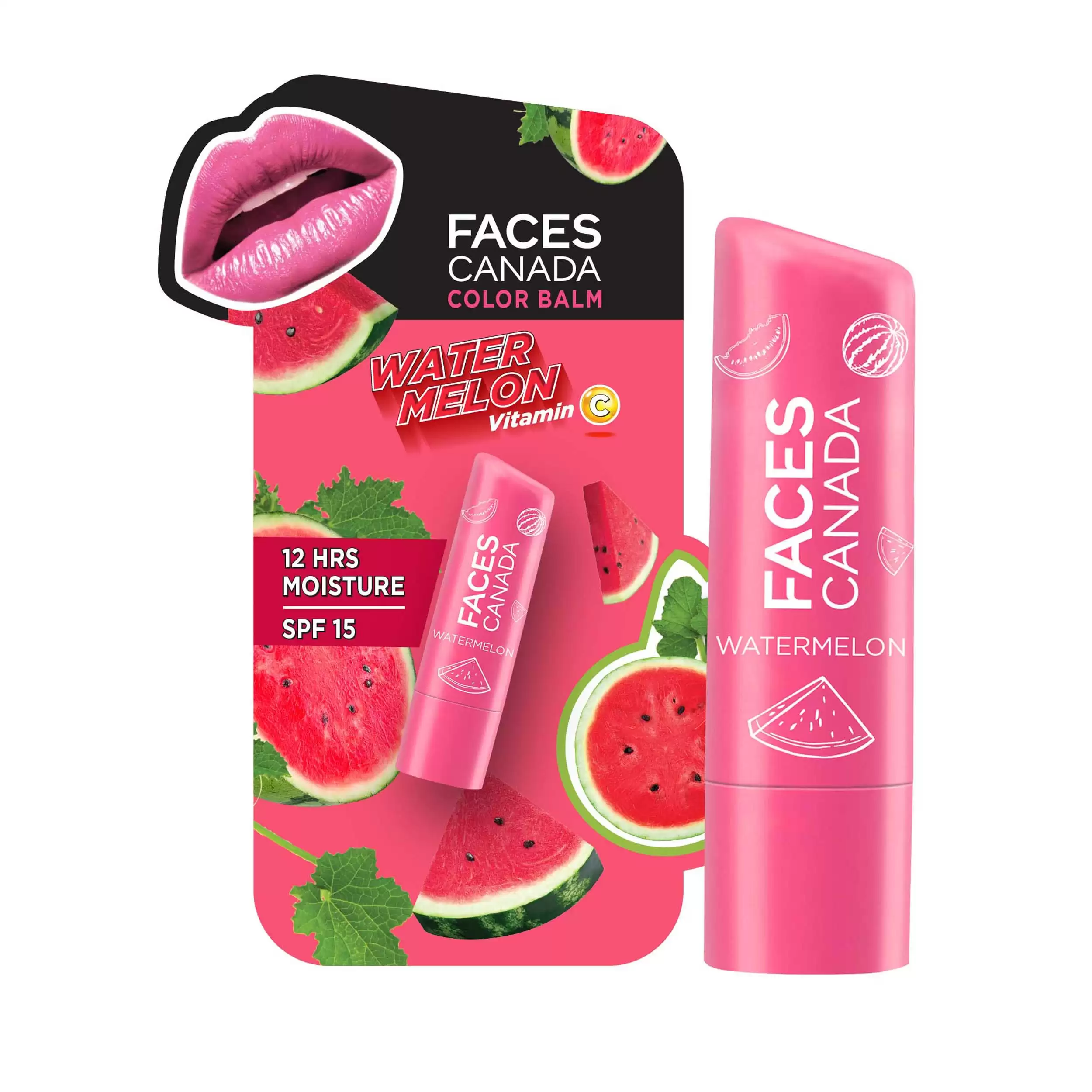 Faces Canada Color Balm | 12hr Moisture For Dry- Chapped Lips | Vitamin C | Spf 15 | Watermelon