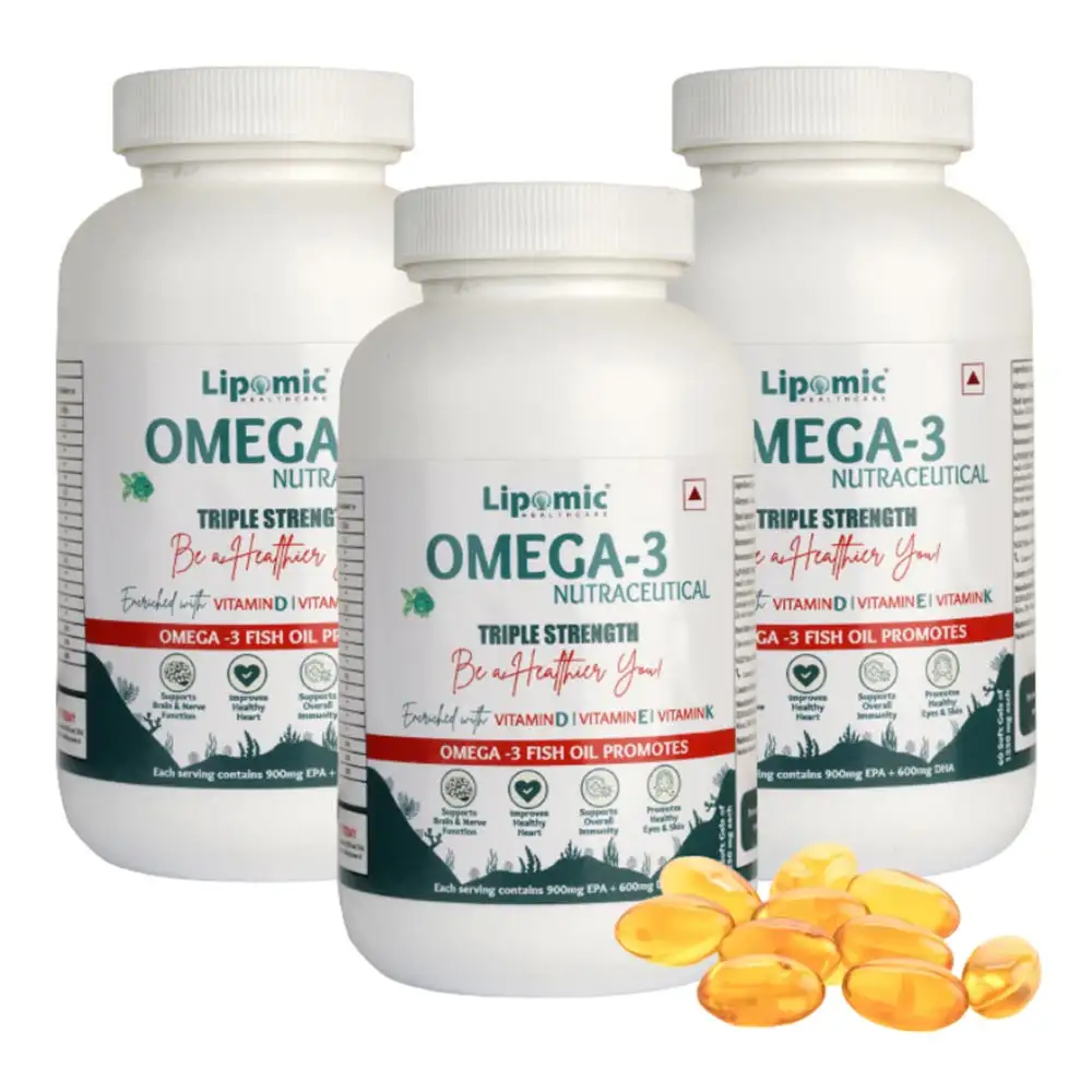 Lipomic Healthcare Omega-3 Fish Oil 1500mg Triple Strength (Pack of 3),  60 softgels