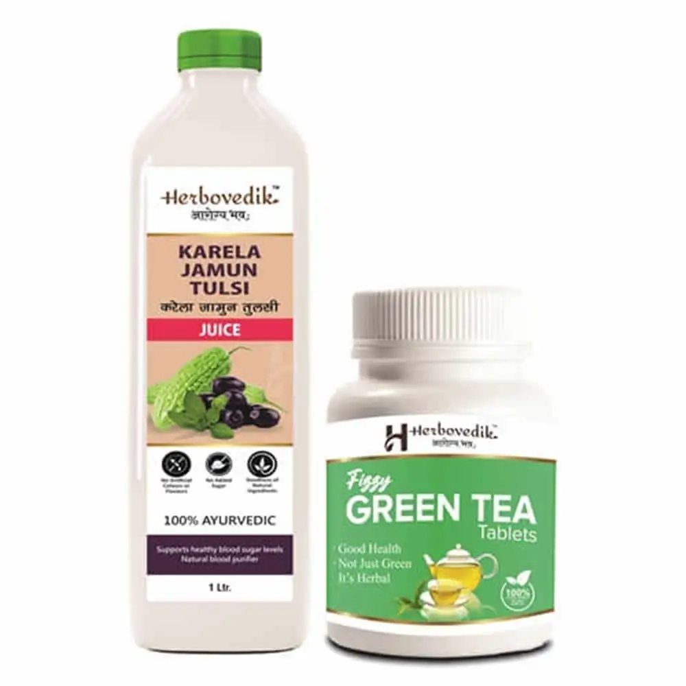 Herbovedik Karela Jamun Tulsi Juice & Fizzy Green Tea Tablets Combo,  Unflavoured  2 Piece(s)/Pack