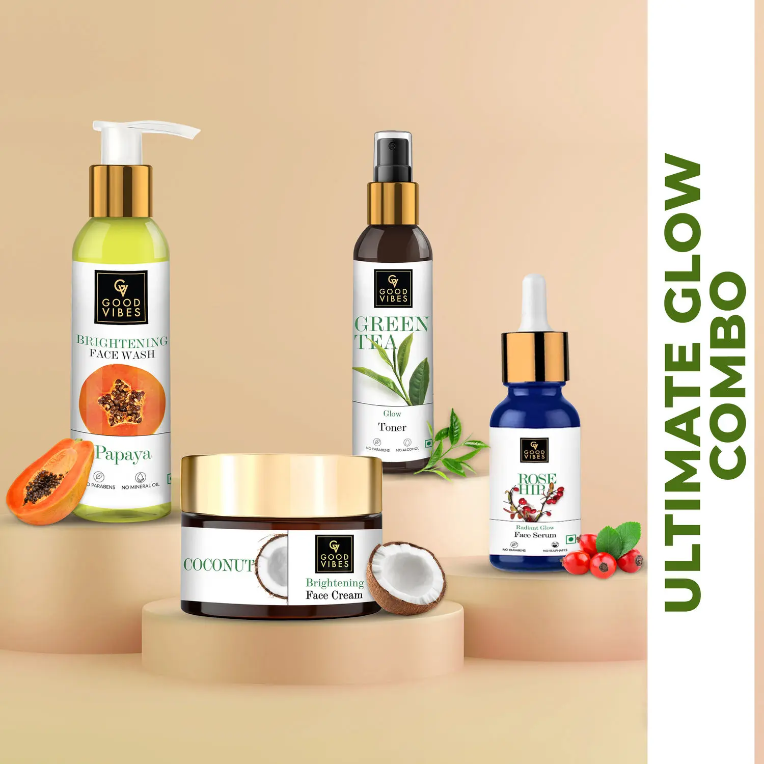 Good Vibes Ultimate Glow Combo Kit (Papaya Face Wash (200ml), Rosehip Serum (10ml), Green Tea Toner (200ml), Coconut Cream (50g)