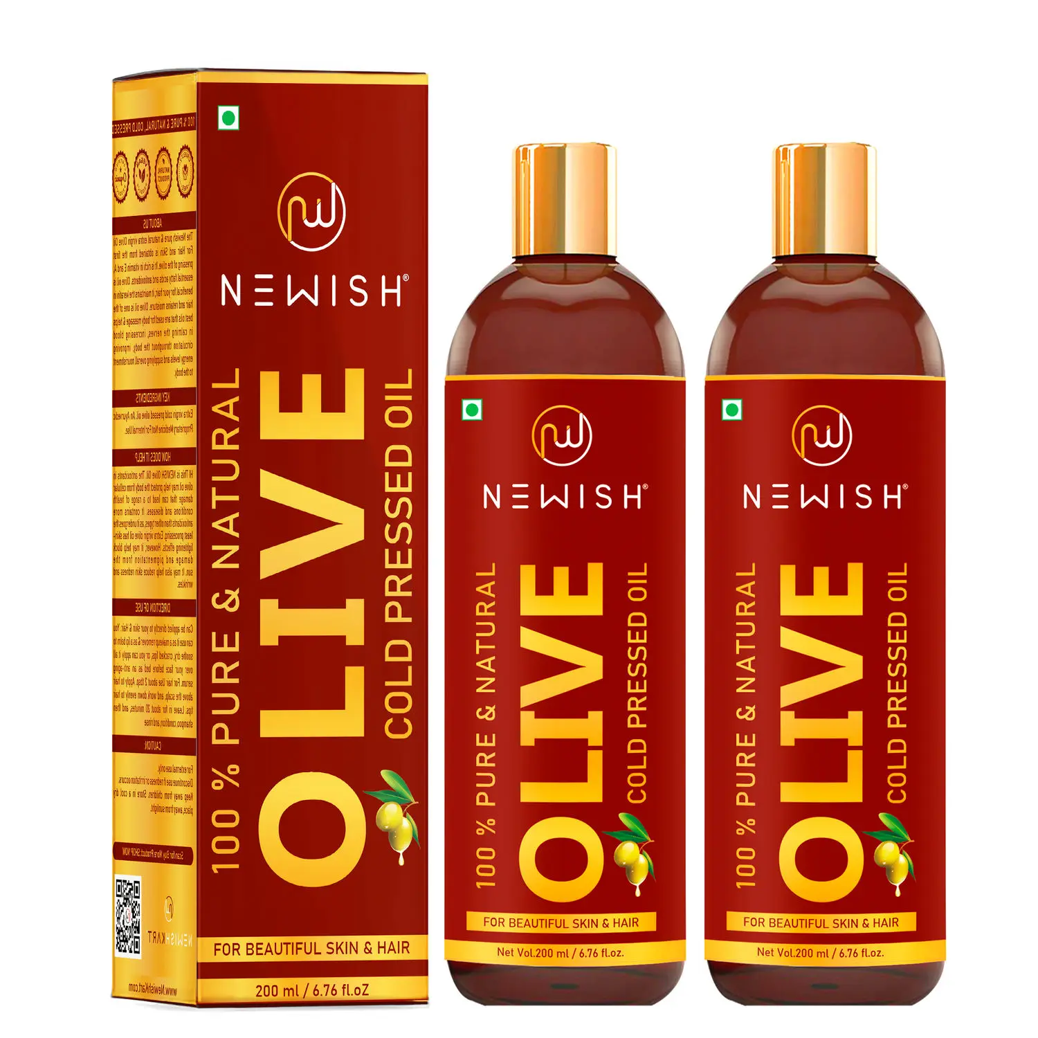 Newish® Pure Cold Pressed Olive Oil For Hair and Skin,200ml (Pack of 2)
