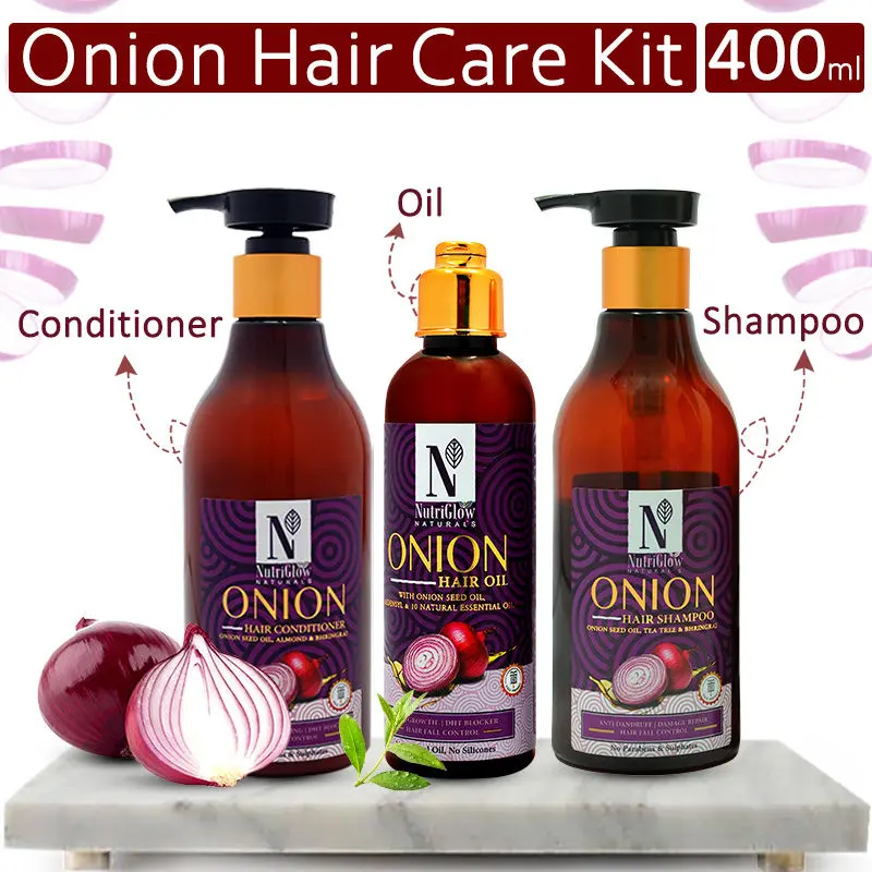 NutriGlow NATURAL'S Onion Combo of 3: Hair Shampoo (300ml)/ Hair Conditioner (300ml) & Hair Oil (100ml) With Onion Seed Oil