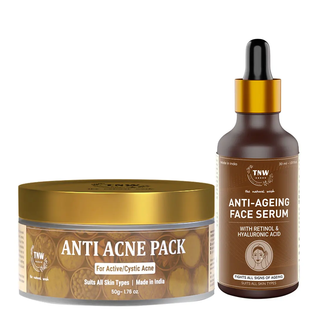 TNW-The Natural Wash Combo of Anti Acne Face Pack & Anti Ageing Serum | Face Pack With Neem Extracts .Pimple Clearing Treatment 50G | Retinol Serum With Hyaluronic Acid For Spotless Glowing Skin 30 ML