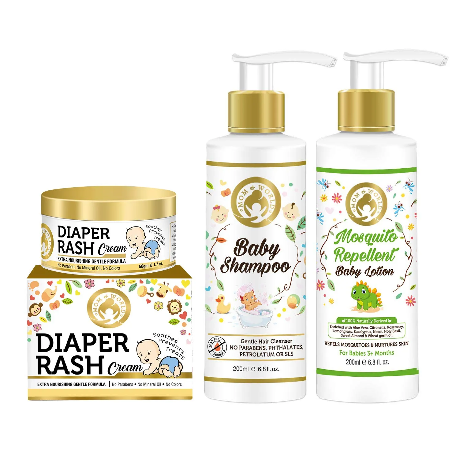 Mom & World Gentle Nourishing Care - Diaper Rash Cream + Baby Shampoo + Mosquito Repellent Baby Lotion