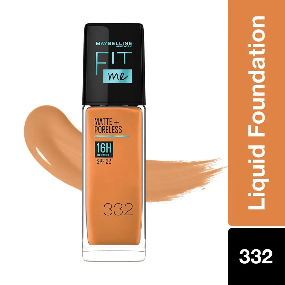 Maybelline New York Fit Me Matte+Poreless Liquid Foundation 16H Oil Control  - 332 Golden Caramel, 30 ml