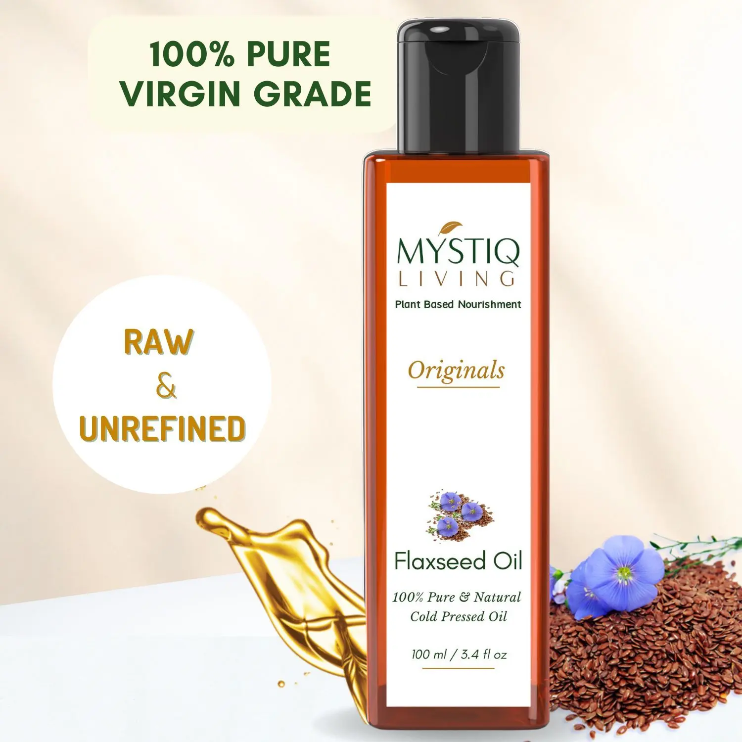 Mystiq Living Originals - Flax Seed Oil | Cold Pressed | For Hair, Skin & Body |100% Pure and Natural -100 ml